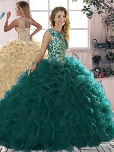 Sleeveless Lace Up Floor Length Beading and Ruffles Ball Gown Prom Dress