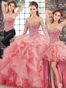 Affordable Watermelon Red Quinceanera Gown Sweetheart Sleeveless Brush Train Lace Up