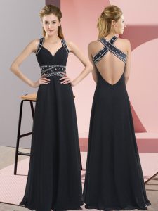 Floor Length Backless Prom Dress Black for Prom and Party with Beading