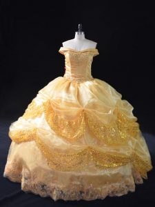 Gold Ball Gowns Off The Shoulder Sleeveless Organza Floor Length Lace Up Beading and Pick Ups Ball Gown Prom Dress