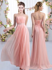 Excellent Pink Lace Up Strapless Beading Dama Dress for Quinceanera Chiffon Sleeveless Sweep Train