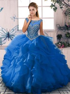 Cheap Floor Length Zipper 15th Birthday Dress Blue for Sweet 16 and Quinceanera with Beading and Ruffles