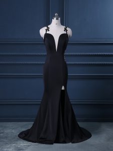 Black Zipper Prom Evening Gown Lace Sleeveless Brush Train
