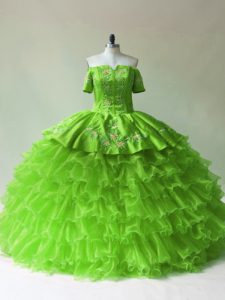 Organza Lace Up Off The Shoulder Sleeveless Floor Length 15th Birthday Dress Embroidery and Ruffled Layers