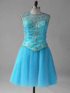 Luxury Scoop Sleeveless Mini Length Beading and Sequins Aqua Blue Tulle