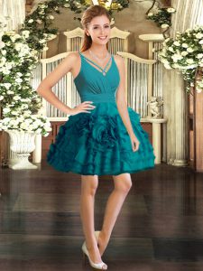 High Class V-neck Sleeveless Dress for Prom Mini Length Ruffles Teal Organza