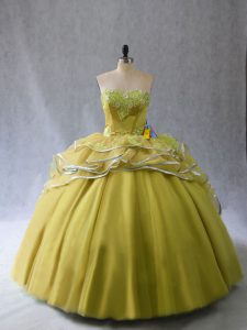 Inexpensive Olive Green Ball Gowns Sweetheart Sleeveless Tulle Brush Train Lace Up Appliques and Ruffles 15th Birthday Dress