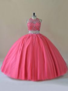 Coral Red Backless Halter Top Beading 15 Quinceanera Dress Tulle Sleeveless