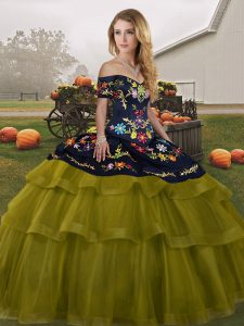 Olive Green Off The Shoulder Lace Up Embroidery and Ruffled Layers Vestidos de Quinceanera Brush Train Sleeveless