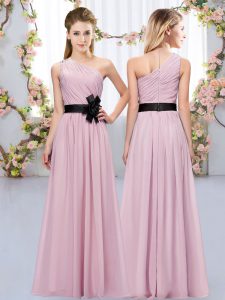 On Sale Chiffon One Shoulder Sleeveless Zipper Belt Damas Dress in Pink