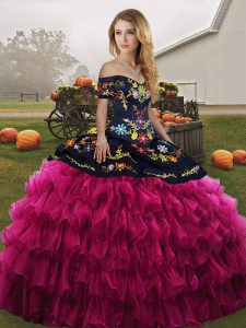 Enchanting Fuchsia Sleeveless Embroidery and Ruffled Layers Floor Length Quinceanera Gown