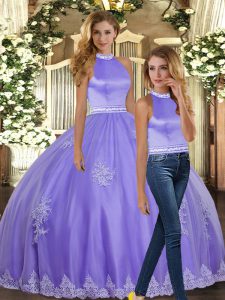 Beautiful Floor Length Lavender 15th Birthday Dress Tulle Sleeveless Appliques