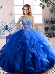 Ball Gowns Quinceanera Gowns Royal Blue Scoop Tulle Sleeveless Floor Length Lace Up