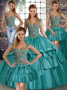 Teal Taffeta Lace Up Straps Sleeveless Floor Length Quince Ball Gowns Beading and Ruffled Layers