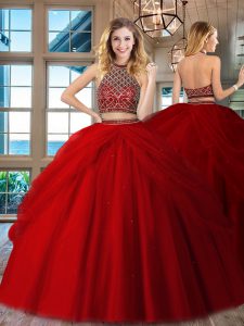 Floor Length Two Pieces Sleeveless Red 15 Quinceanera Dress Backless