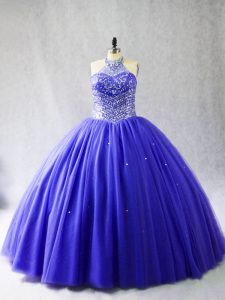 Stunning Blue Ball Gowns Beading 15th Birthday Dress Lace Up Tulle Sleeveless