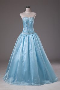 Baby Blue Ball Gowns Beading 15th Birthday Dress Lace Up Organza Sleeveless Floor Length