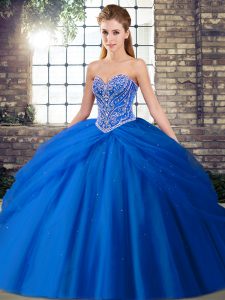 Blue Ball Gowns Beading and Pick Ups Sweet 16 Dresses Lace Up Tulle Sleeveless