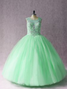 Hot Sale Sleeveless Tulle Floor Length Lace Up 15 Quinceanera Dress in Apple Green with Beading