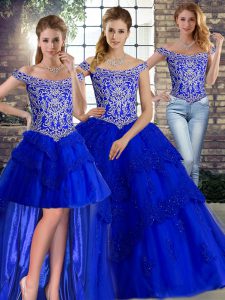Glamorous Sleeveless Tulle Brush Train Lace Up 15th Birthday Dress in Royal Blue with Beading and Lace