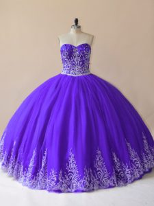 Most Popular Purple Ball Gowns Tulle Sweetheart Sleeveless Embroidery Floor Length Lace Up Quinceanera Dress