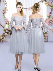 Dazzling 3 4 Length Sleeve Lace Up Tea Length Lace and Belt Quinceanera Court Dresses