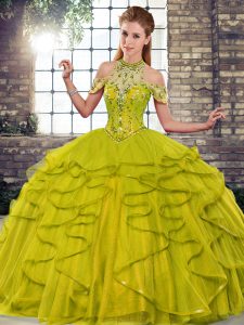 Olive Green Tulle Lace Up Quinceanera Dresses Sleeveless Floor Length Beading and Ruffles