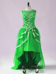 Beauteous Scoop Sleeveless Prom Party Dress High Low Beading and Appliques Green Tulle