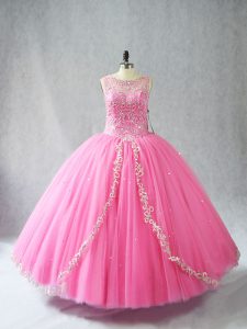 Rose Pink Lace Up Vestidos de Quinceanera Beading and Appliques Sleeveless Floor Length