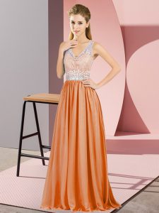 Beading and Lace Evening Dress Orange Backless Sleeveless Floor Length