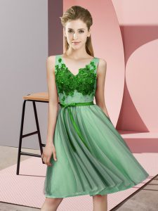 Empire Dama Dress Green V-neck Tulle Sleeveless Knee Length Lace Up