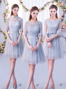 Grey Lace Up Scoop Lace Quinceanera Dama Dress Tulle Half Sleeves