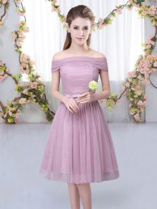 Lovely Pink Quinceanera Court of Honor Dress Wedding Party with Belt Off The Shoulder Short Sleeves Lace Up
