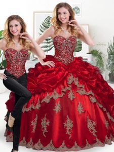 Wine Red Organza Lace Up Sweetheart Sleeveless Floor Length Sweet 16 Dress Beading and Appliques and Pick Ups