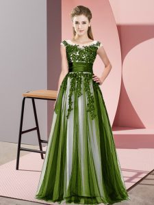 Flirting Floor Length Olive Green Quinceanera Court of Honor Dress Scoop Sleeveless Zipper