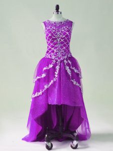 Fine High Low Purple Evening Dress Tulle Sleeveless Beading and Appliques