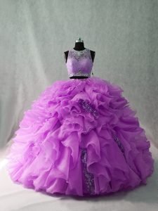 Scoop Sleeveless Organza and Sequined Quinceanera Dresses Beading and Ruffles Brush Train Zipper