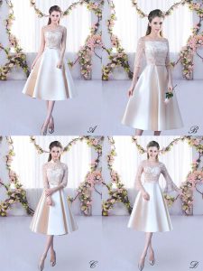 Champagne A-line Lace and Belt Quinceanera Court of Honor Dress Lace Up Satin Sleeveless Tea Length