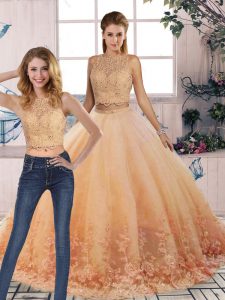 Scalloped Sleeveless Ball Gown Prom Dress Sweep Train Lace Peach Tulle
