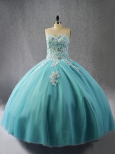 Appliques Quince Ball Gowns Blue Lace Up Sleeveless Floor Length