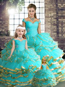 Floor Length Aqua Blue Quinceanera Gowns Tulle Sleeveless Beading and Ruffled Layers