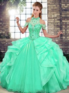 Halter Top Sleeveless Organza Quinceanera Gowns Beading and Ruffles Lace Up
