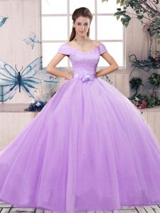 Best Selling Floor Length Lavender 15 Quinceanera Dress Tulle Short Sleeves Lace and Hand Made Flower