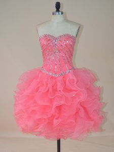 Mini Length Watermelon Red Prom Dress Organza Sleeveless Beading and Ruffles