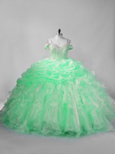 Hot Selling Apple Green Ball Gowns Organza Straps Sleeveless Beading and Pick Ups Lace Up Quinceanera Dresses