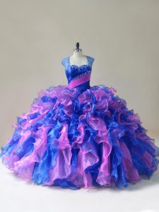 Straps Sleeveless Ball Gown Prom Dress Floor Length Beading and Ruffles Multi-color Organza