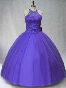 Best Selling Halter Top Sleeveless Lace Up Quince Ball Gowns Purple Tulle
