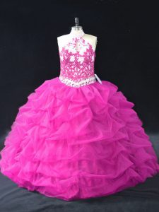 Dazzling Sleeveless Floor Length Beading and Lace and Pick Ups Backless Ball Gown Prom Dress with Fuchsia