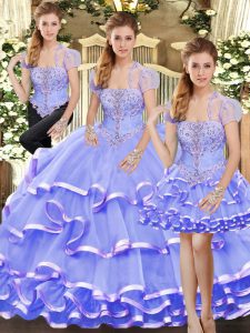 Lavender Sleeveless Organza Lace Up Quince Ball Gowns for Military Ball and Sweet 16 and Quinceanera