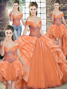 Elegant Floor Length Orange Quinceanera Gown Organza Sleeveless Beading and Ruffles